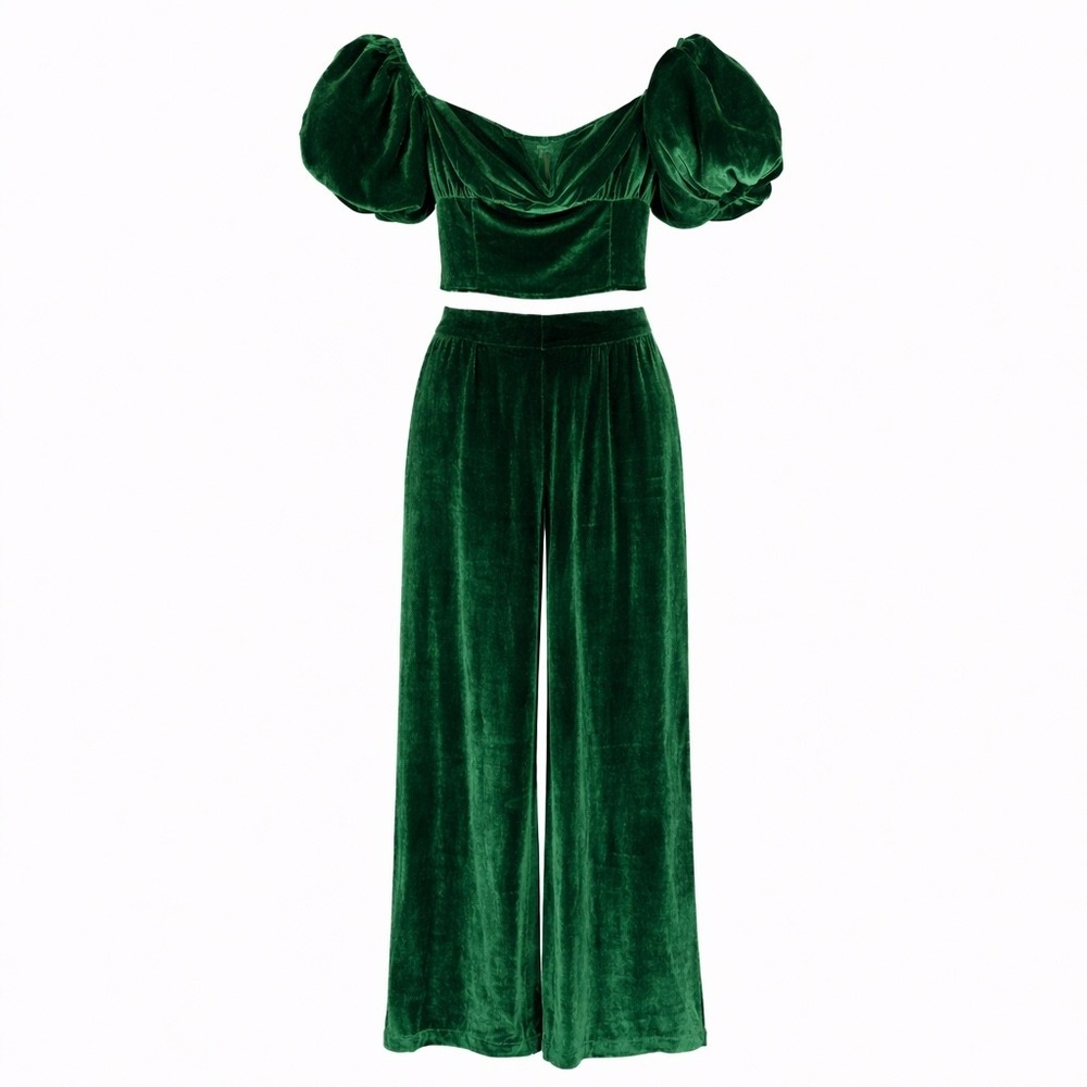 Reformation Wes‎ Pants Set Women 4 Green Velvet Silk Blend Wide Leg Luxe Holiday